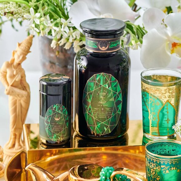 NEW! MAGIC HOUR EMERALD GREEN TEA IN VIOLET GLASS APOTHECARY JAR 60-75 CUPS - Picture 1 of 7